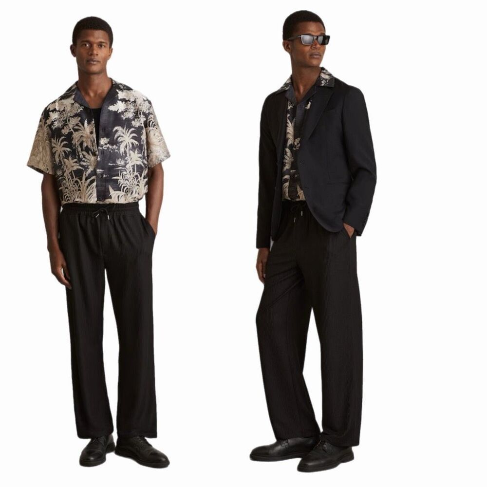 Reiss Yoshi Jungle Print Cuban-Collar Shirt in Black